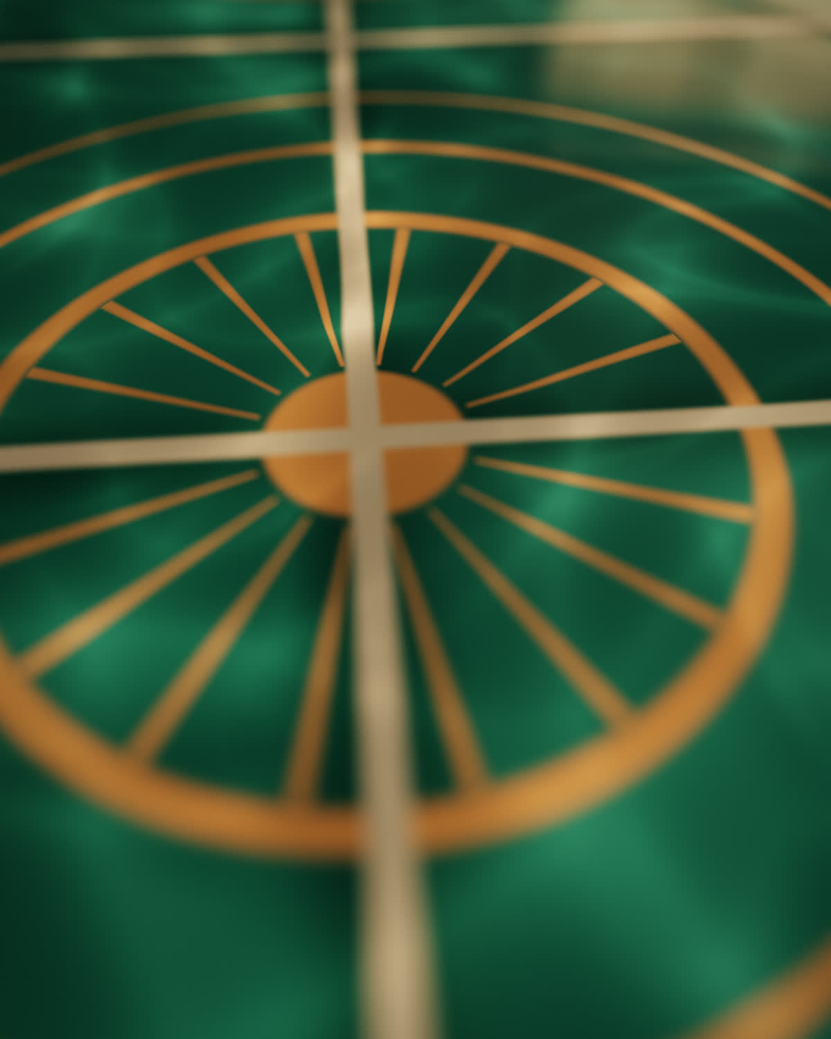 Close-up of wet teal tiles with a copper Art Deco fan inlay, water rippling across the surface